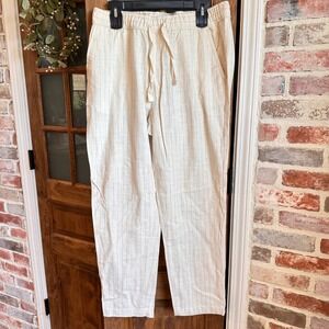 Zara Striped Drawstring Pants Womens XL 34x28 Cream Cotton Blend Straight Leg
